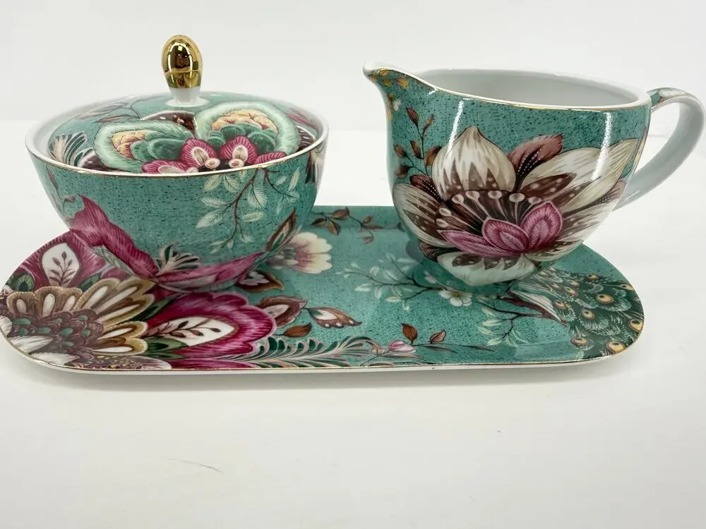 Grace Teaware Peacock Floral Cream Sugar Tray Set Maximalist Cottagecore